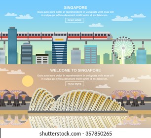 Singapore online information for travelers 3 flat  interactive banners with cityscape railroad and national  sightseeing tourists attractions vector illustration 