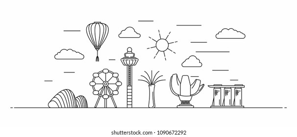 Singapore panorama. Singapore vector illustration in outline style with buildings and city architecture. Welcome to Singapore.