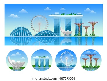 Singapore. Panoramic view of the city at day. City skyline. Collection of round vector illustration.