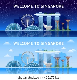 Singapore. Panoramic View Of The City At Night And Day. Singapore City Skyline. Vector Illustration. 