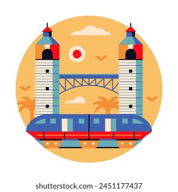 Singapore park island inspired circle icon or emblem with monorail in flat style. Asian modern architectural landmark and famous symbol with metro line train.