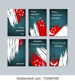 Singapore Patriotic Cards for National Day. Expressive Brush Stroke in National Flag Colors on dark striped background. Singapore Patriotic Vector Greeting Card.