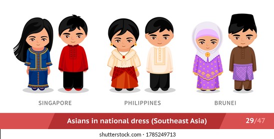 Singapore, Philippines, Brunei. Men and women in national dress. Set of asian people wearing ethnic traditional costume. Isolated cartoon characters. Southeast Asia. Vector flat illustration.