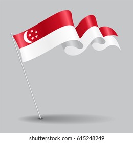 Singapore Pin Icon Wavy Flag. Vector Illustration.