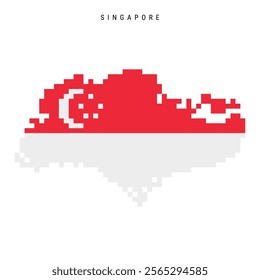 Singapore pixel flag map icon. 8 bit pixel art Singaporean map covered with flag. Flat vector illustration isolated on white background.