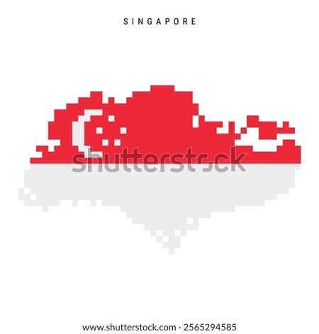 Singapore pixel flag map icon. 8 bit pixel art Singaporean map covered with flag. Flat vector illustration isolated on white background.