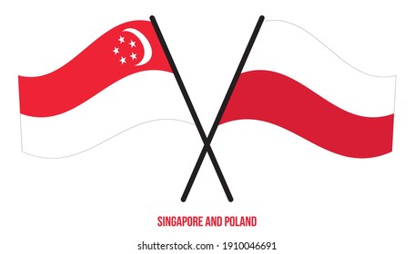 Singapore and Poland Flags Crossed And Waving Flat Style. Official Proportion. Correct Colors.