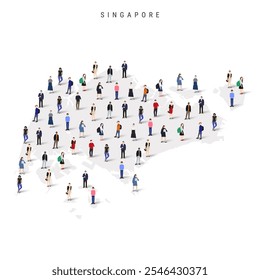 Singapore population map. Large group of realistic a diverse crowd of people figures in a shape of Singaporean map. Flat vector illustration isolated on white.