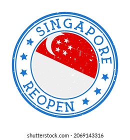 Singapore Reopening Stamp. Round badge of country with flag of Singapore. Reopening after lockdown sign. Vector illustration.