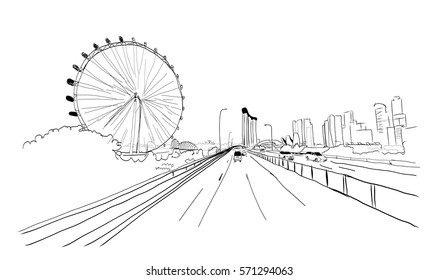 Singapore road with wheel in vector sketch.