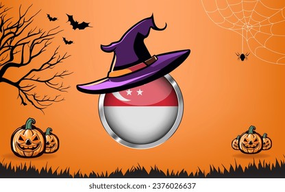 singapore round flag with Happy Halloween banner or party invitation background. bats, spiders and pumpkins, orange background