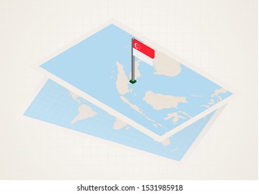 Singapore selected on map with isometric flag of Singapore. Vector paper map.