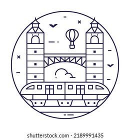 Singapore Sentosa park island inspired circle icon or emblem with monorail in line art style. Asian modern architectural landmark and famous symbol.