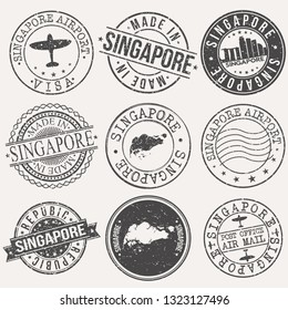Singapore Set of Stamps. Travel Stamp. Made In Product. Design Seals Old Style Insignia.