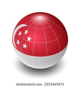 Singapore (SG) (Singaporean) National Flag 2.5D Isometric View, Metallic Sphere Ball Globe Design, Flag Symbol Isolated on White Background