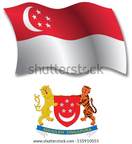 singapore shadowed textured wavy flag and coat of arms against white background, vector art illustration, image contains transparency transparency