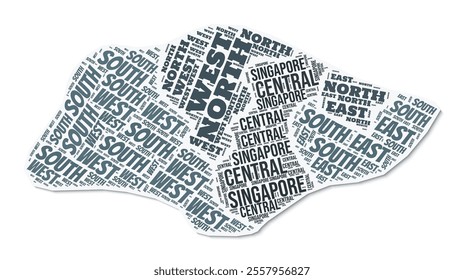 Singapore shape text cloud. Country border with shadow on white background. Singapore with regions division in vintage gazette style. Stylish vector illustration.