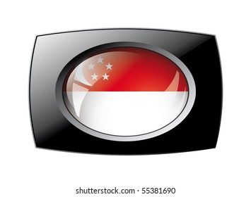 Singapore shiny button flag with black frame -  vector illustration. Isolated abstract object against white background.