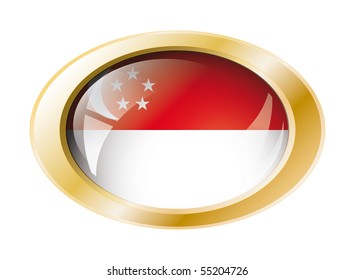 Singapore shiny button flag with golden ring vector illustration. Isolated abstract object against white background.