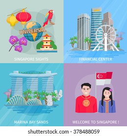 Singapore sights 4 flat icons square banner with marina bay and financial center abstract vector isolated illustration