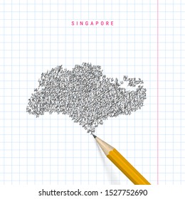 Singapore sketch scribble map drawn on checkered school notebook paper background. Hand drawn vector map of Singapore. Realistic 3D pencil.