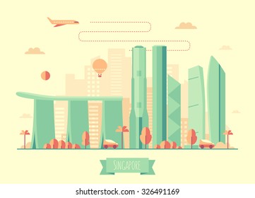 Singapore skyline architecture, vector illustration with plane, cars and air balloon, flat design