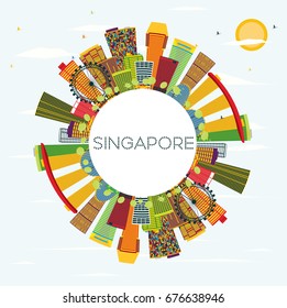 Singapore Skyline with Color Buildings, Blue Sky and Copy Space. Vector Illustration. Business Travel and Tourism Concept. Image for Presentation Banner Placard and Web Site.