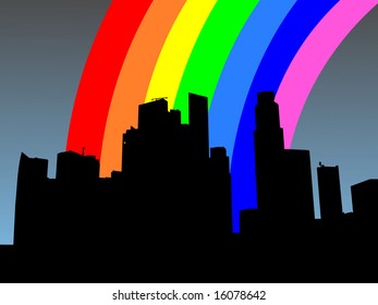 Singapore Skyline with colourful rainbow illustration