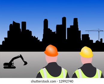 Singapore skyline construction site with workers illustration