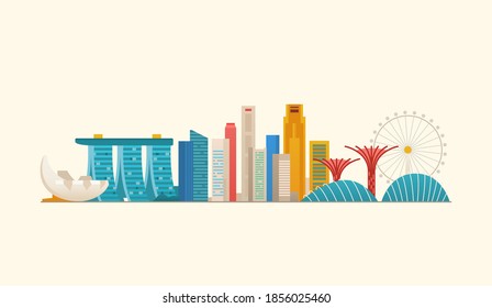 Skyline von Singapur. Berühmte Orte und Sehenswürdigkeiten. Vektorgrafik.