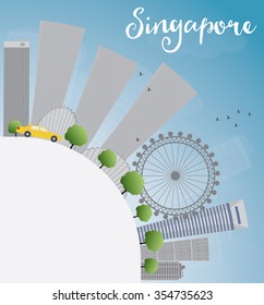 Singapore skyline with gray landmarks, blue sky and copy space. Vector illustration. Business travel and tourism concept with place for text. Image for presentation, banner, placard and web site.