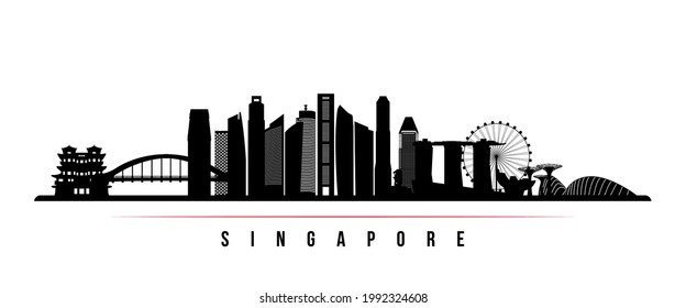 Singapore skyline horizontal banner. Black and white silhouette of Singapore. Vector template for your design. 