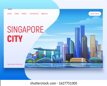 Singapore skyline. Landing Page Template. Flat vector illustration with most famous buildings. Business travel and tourism concept with modern buildings. Image for banner or web site.