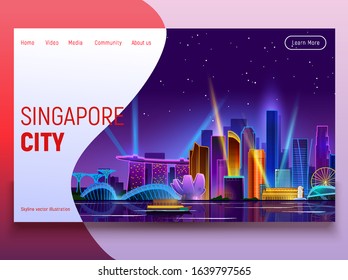 Singapore skyline. Landing Page Template. Flat vector illustration with most famous buildings. Business travel and tourism concept with modern buildings. Image for banner or web site.