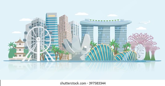 Singapore skyline panoramic view with modern central business district skyscrapers and historical temple building abstract vector illustration