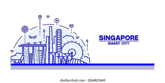 Singapore Skyline. Smart City. Vector Illustration, Line Art