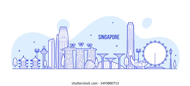 Singapore skyline. This illustration represents the city with its most notable buildings. Vector is fully editable, every object is holistic and movable