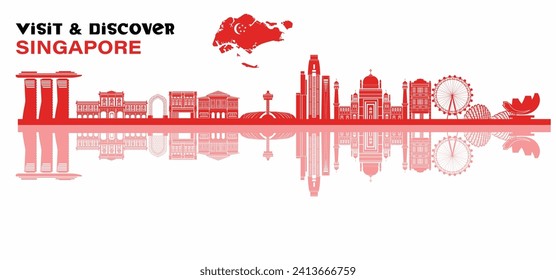 singapore skyline travel destination ciky. singapore national day greeting. silhouette ornament
