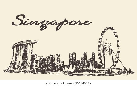 Singapore Skyline, Vector Illustration, Hand Drawn, Sketch
