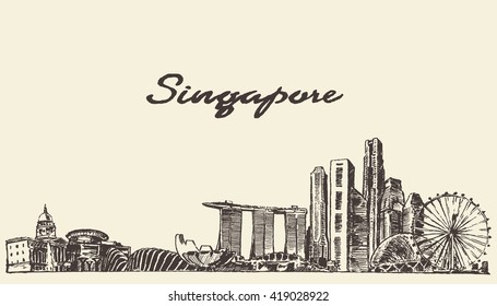 Singapore Skyline, Vector Illustration, Hand Drawn, Sketch