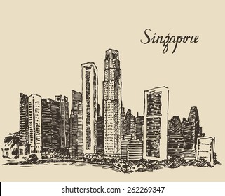 Singapore Skyline, Vintage Engraved Illustration, Hand Drawn, Sketch