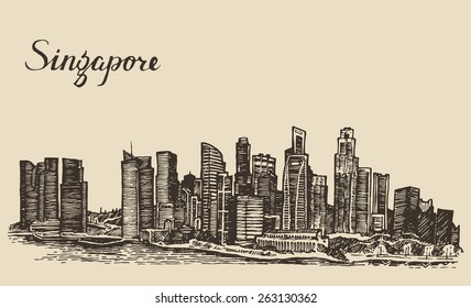 Singapore Skyline, Vintage Engraved Illustration, Hand Drawn, Sketch