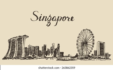 Singapore skyline, vintage engraved illustration, hand drawn, sketch