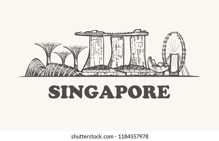 Singapore skyline, vintage vector illustration, hand drawn elements buildings of Singapore on white background.