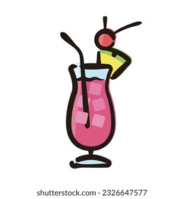 Singapore sling - Cocktail Icon or Illustration. Color version of hand drawn lines.