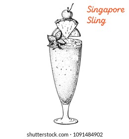 Singapore sling cocktail illustration. Alcoholic cocktails hand drawn vector illustration. Sketch style. 