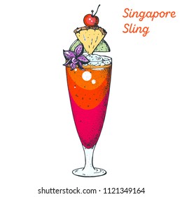 Singapore sling cocktail illustration. Alcoholic cocktails hand drawn vector illustration. 