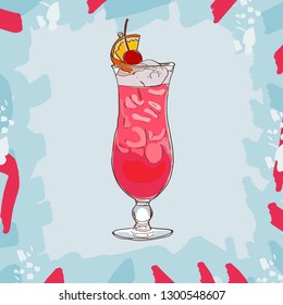 Singapore sling cocktail illustration. Alcoholic classic bar drink hand drawn vector. Pop art