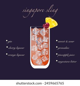 Singapore sling cocktail isolated on a lemon background. Retro party, Vector illustration, fresh drink menu.