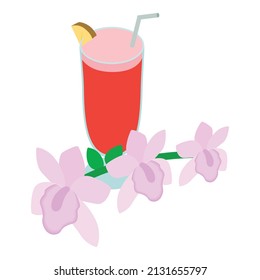 Singapore sling icon isometric vector. Traditional drink and pink orchid flower. Singapore national flower symbol and drink